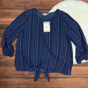 PINK ROSE Striped Navy Tie Knot Scoop Neck Blouse Top Womens Small NWT‎